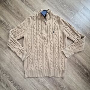 NWT Ralph Lauren Wool Cable Knit Quarter Zip Sweater Large Tan